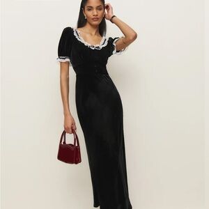 Brand New Reformation Black Velvet Maxi Dress with White Accents
